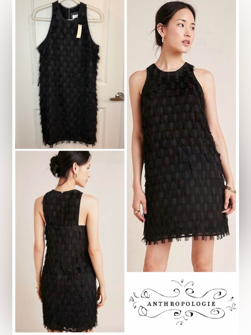 Anthropologie Roxie Black Textured Fringe Sleeveless Shift Dress Size 6 LBD